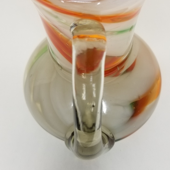 Hand Blown Art Glass Pitcher Orange Green White Swirl Design 20oz - Picture 7 of 12
